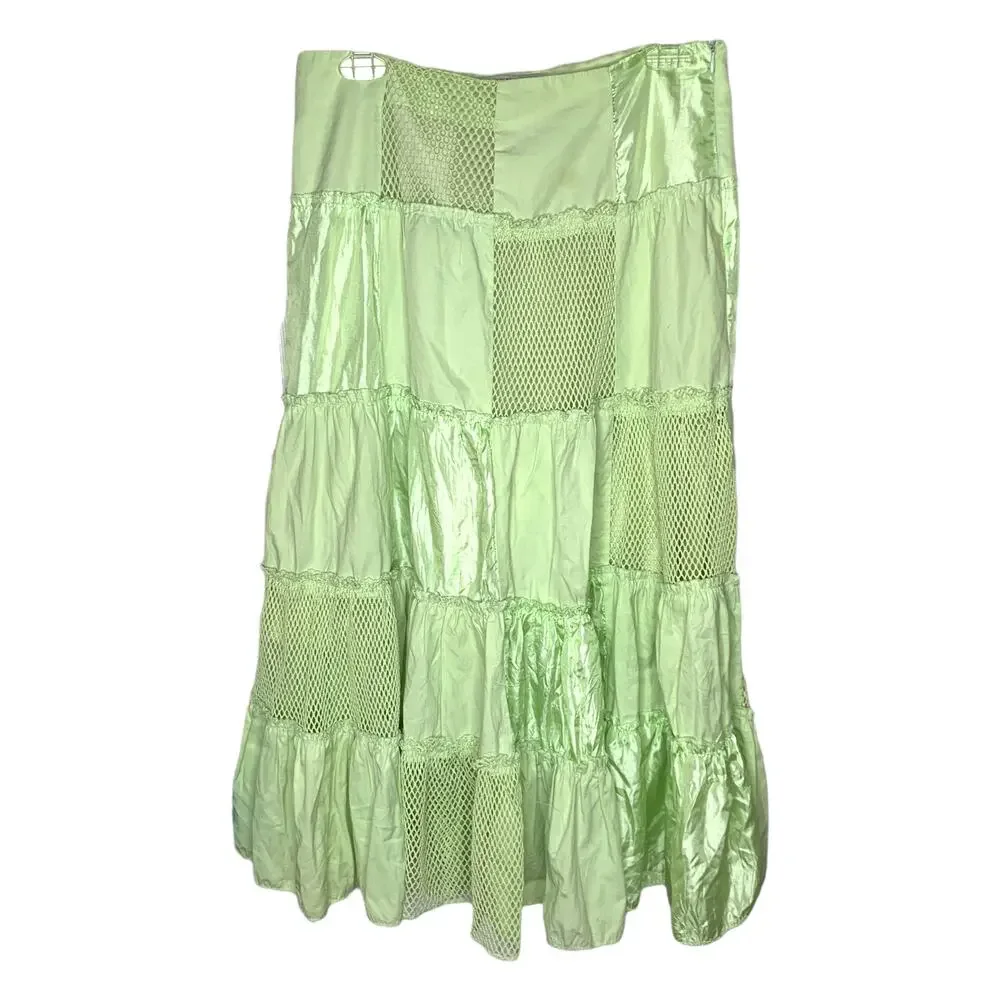 My Industry Denim Creative Boho Green Checkered Midi Mesh Skirt Size Medium